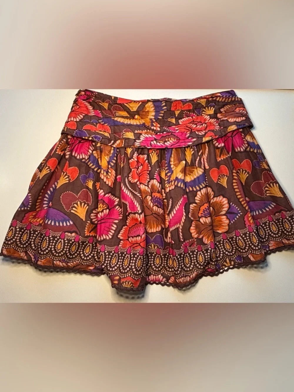 FARM Rio Bright Flora Brown Mini Skirt Size Large NWOT Boho Floral Ruffle